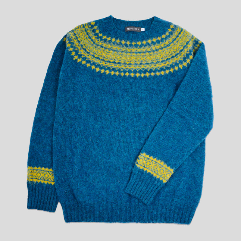 Girocollo raglan brushed shetland fair isle yoke Atlantic spray Gorse flower Monsieur