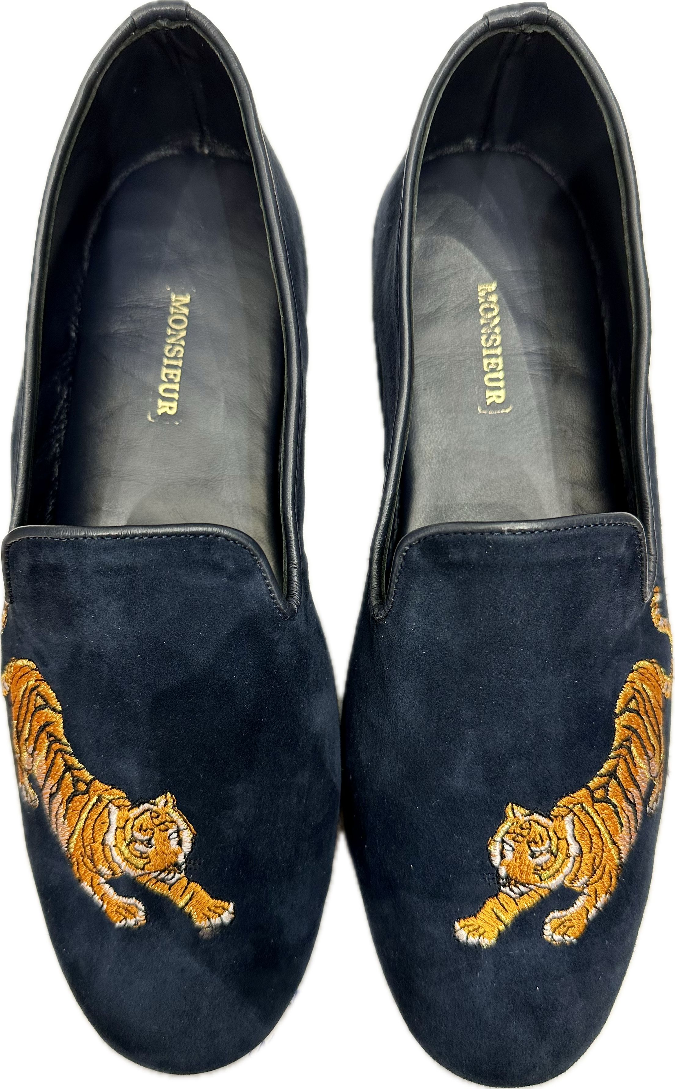 Mocassino da casa camoscio navy ricamo tigre Monsieur