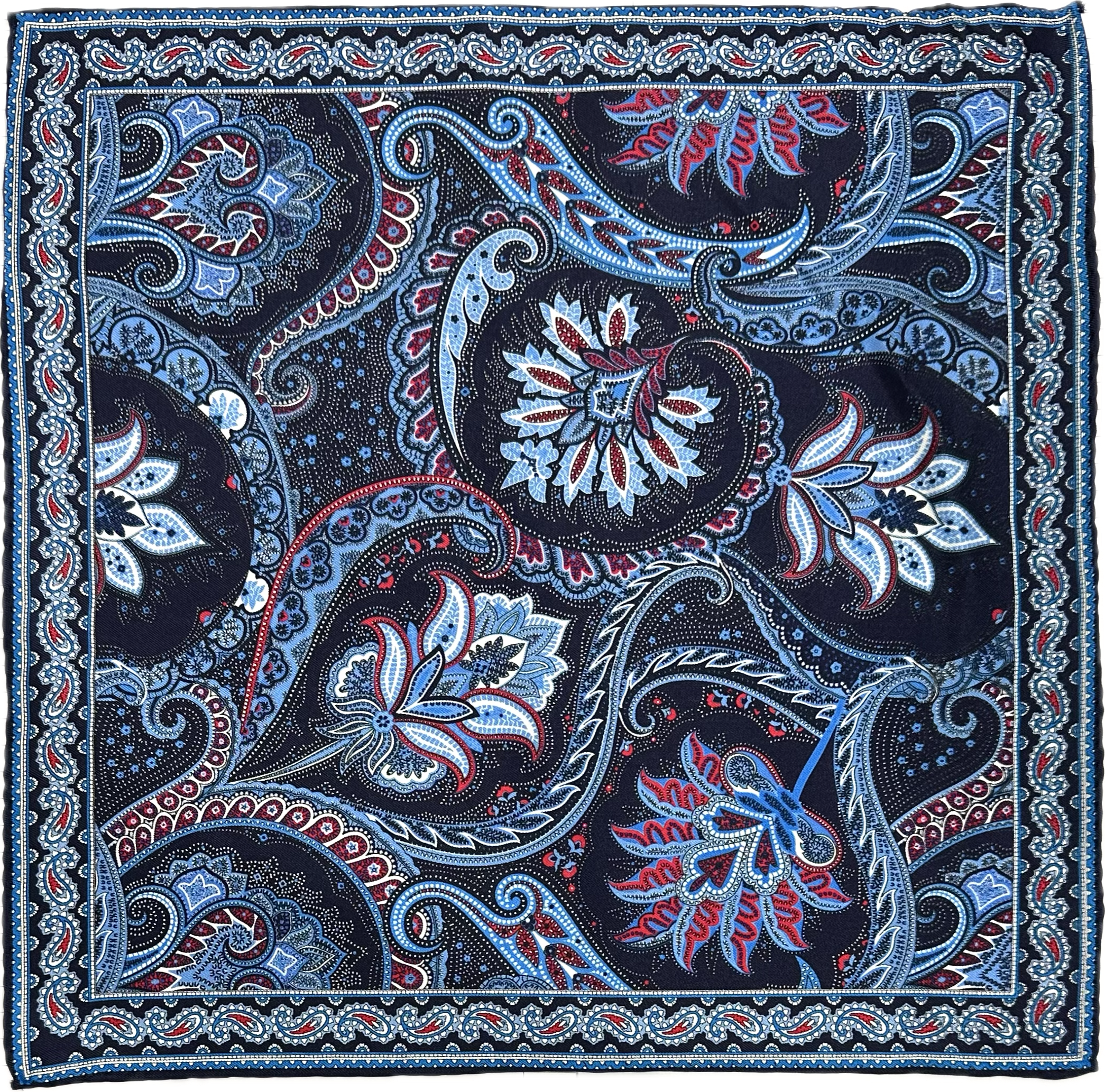 Pocket square seta fantasia paisley navy celeste rossa Monsieur