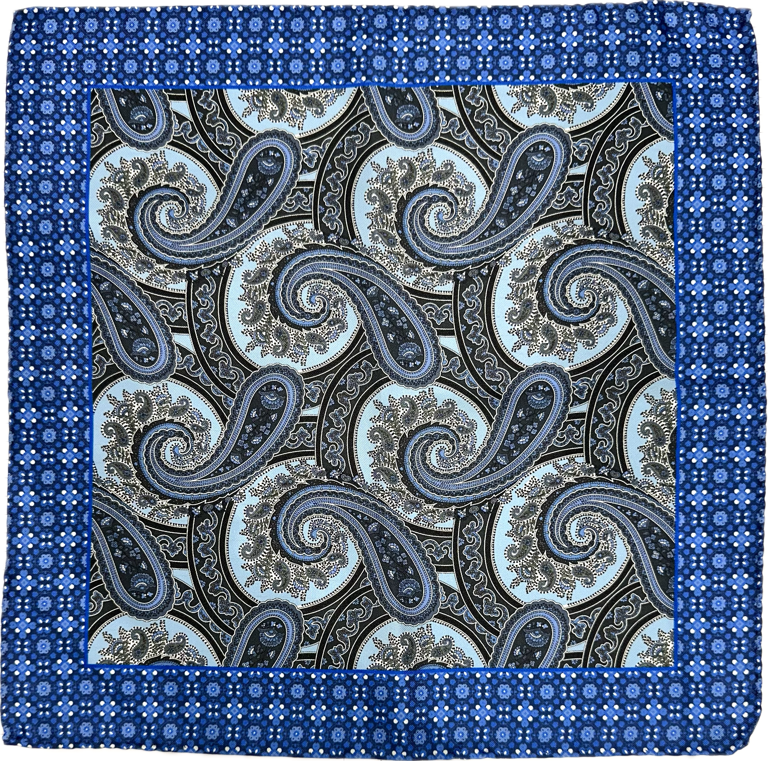 Pocket square seta fantasia paisley celeste grigia royal Monsieur