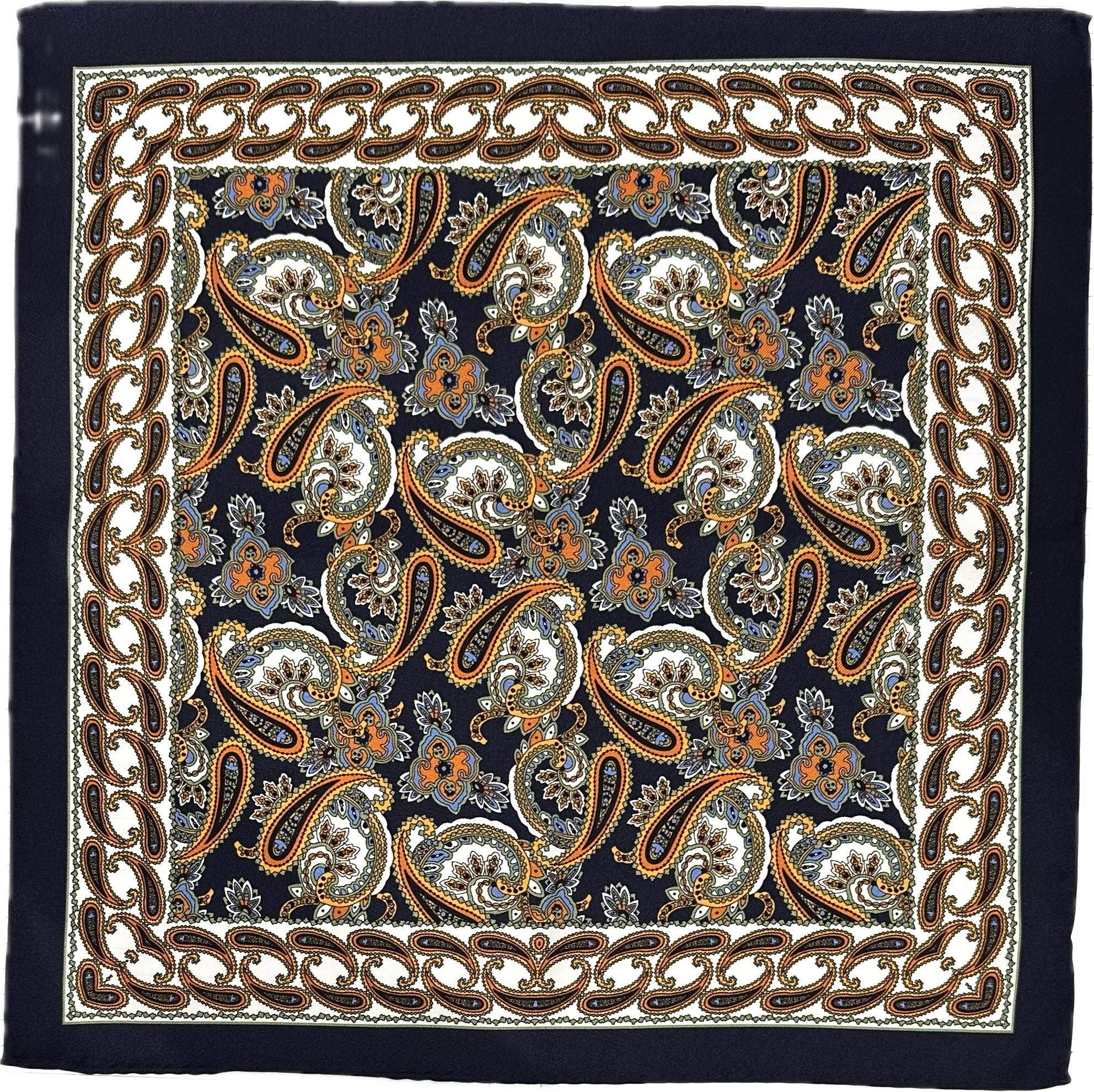 Pocket square seta fantasia paisley navy bianca arancione Monsieur